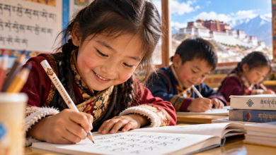 Tibetan children practicing writing with pencils in a classroom in Lhasa