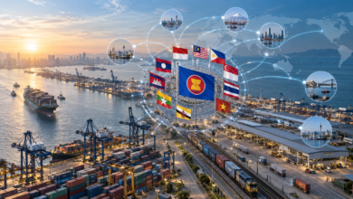 ASEAN at the center of an expanding regional free trade and supply chain network.